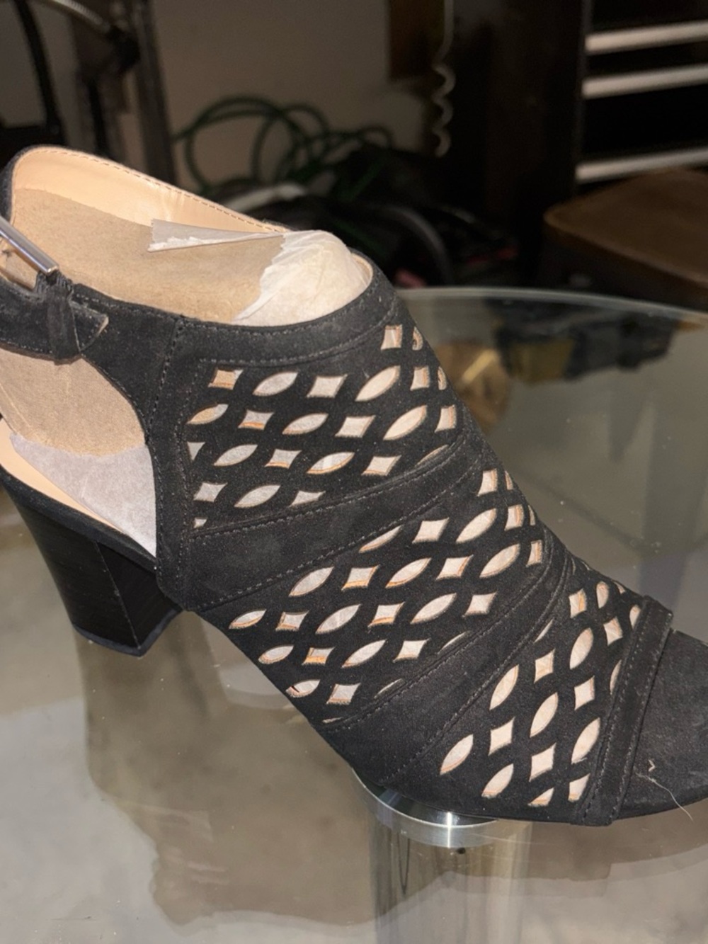 Unisa Black Laser-Cut Suede Block Heel Sandal